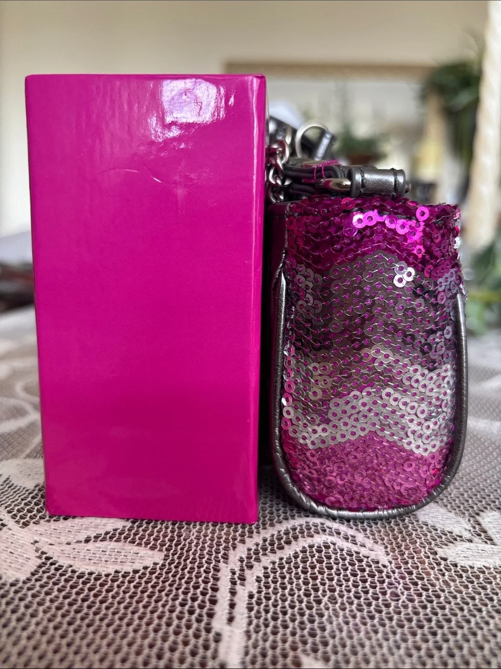 NIB Nine West Pink and Silver Sequin Phone Clutch with Logo Plate. Original box